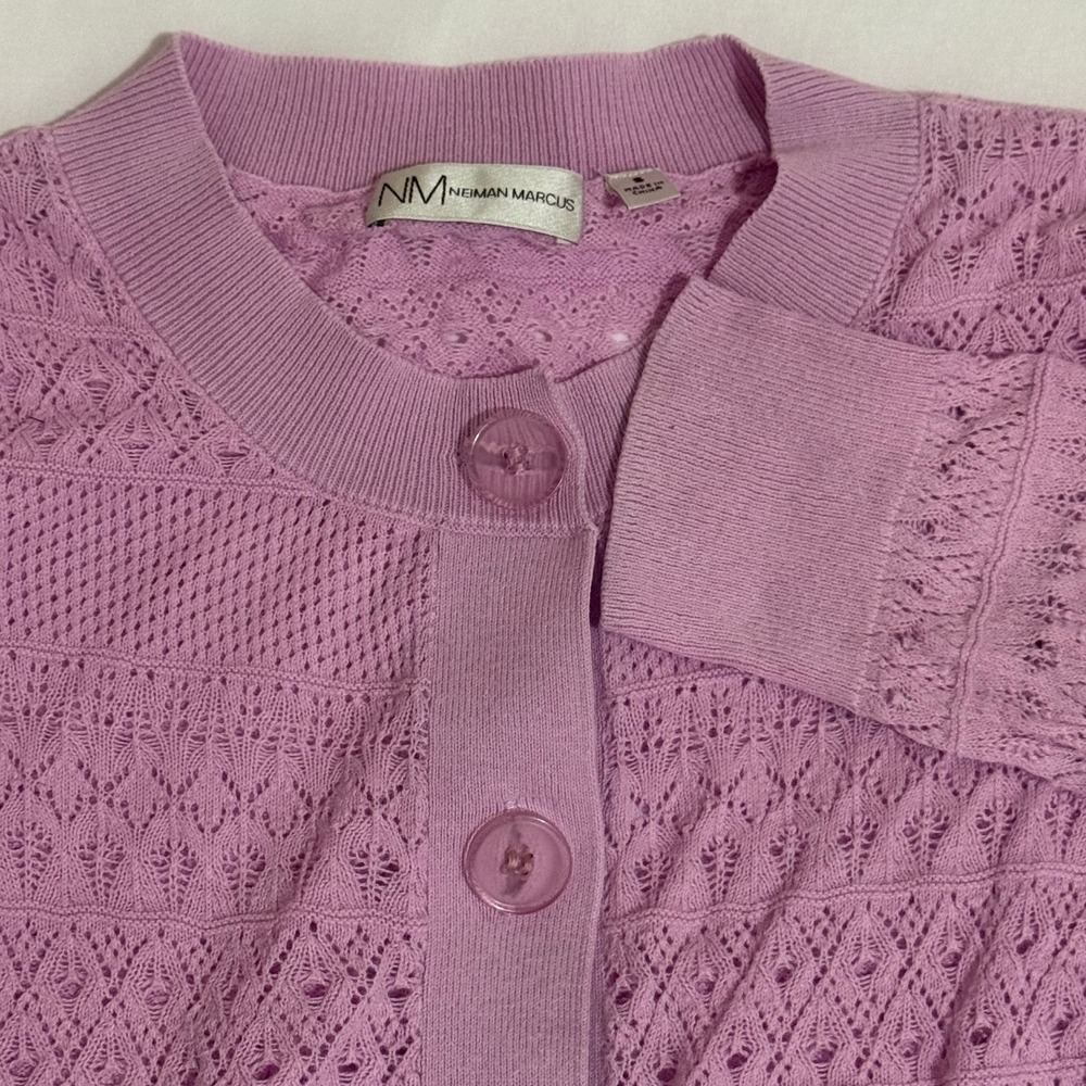Neiman Marcus Womens Lilac‎ Purple Pointelle Knit Cotton Cardigan Sweater Small